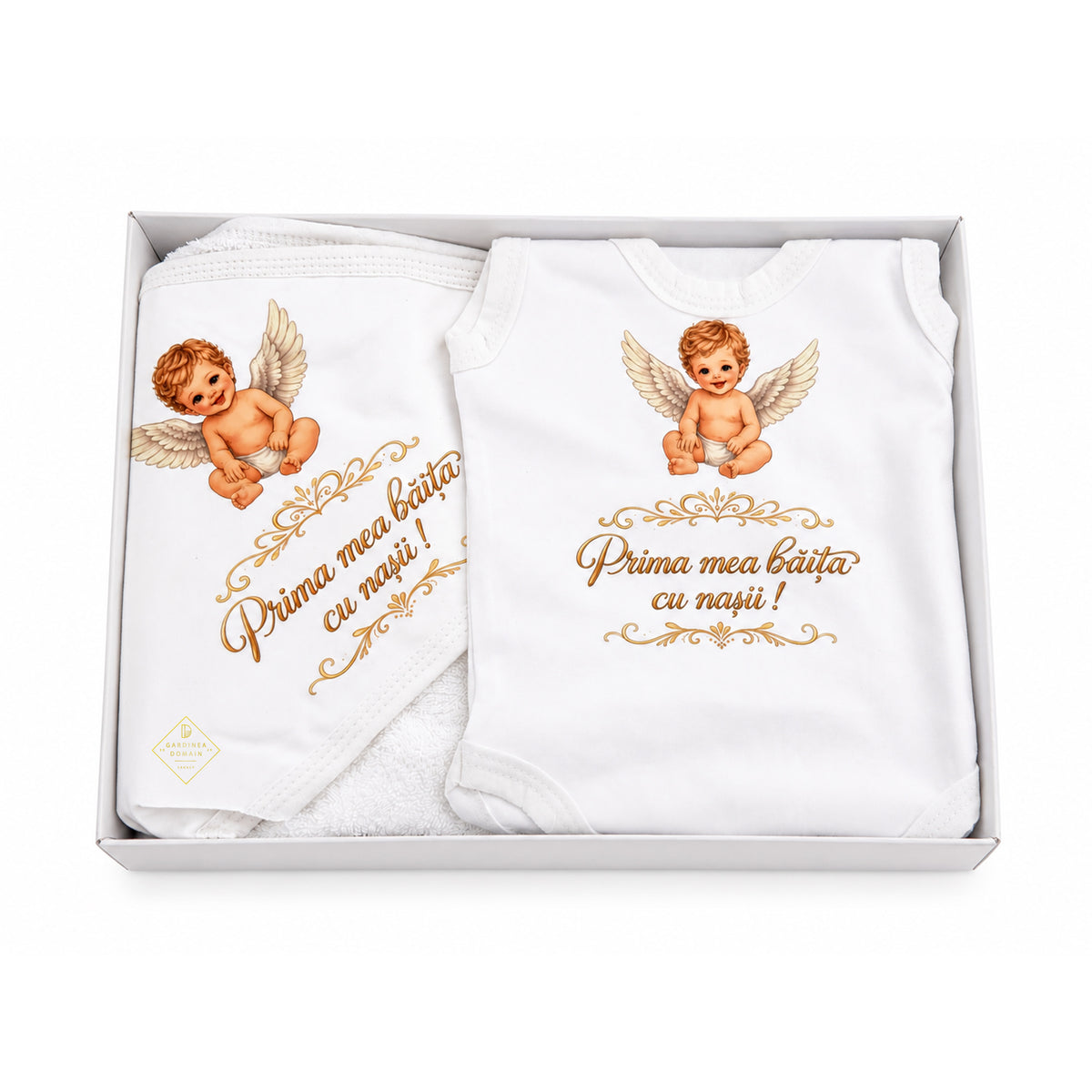 Set mirodenii prima baita dupa botez pentru baiat, cu ingeras Gardinea Domain®, 18 piese, in cutie cadou, bumbac gros 100% moale, "Prima mea baita cu nasii", Alb