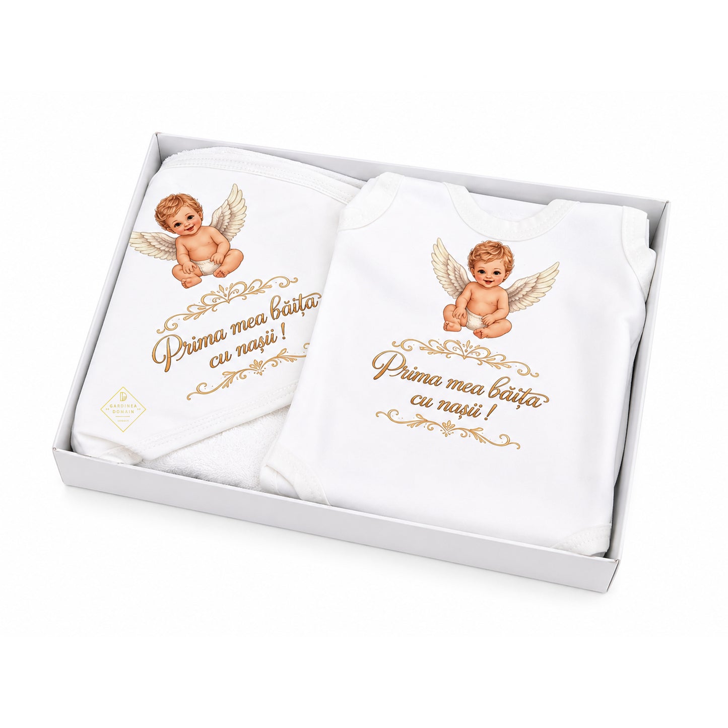 Set prima baita dupa botez pentru baiat, cu ingeras Gardinea Domain®, 2 piese, in cutie cadou, bumbac gros 100% moale, "Prima mea baita cu nasii", Alb