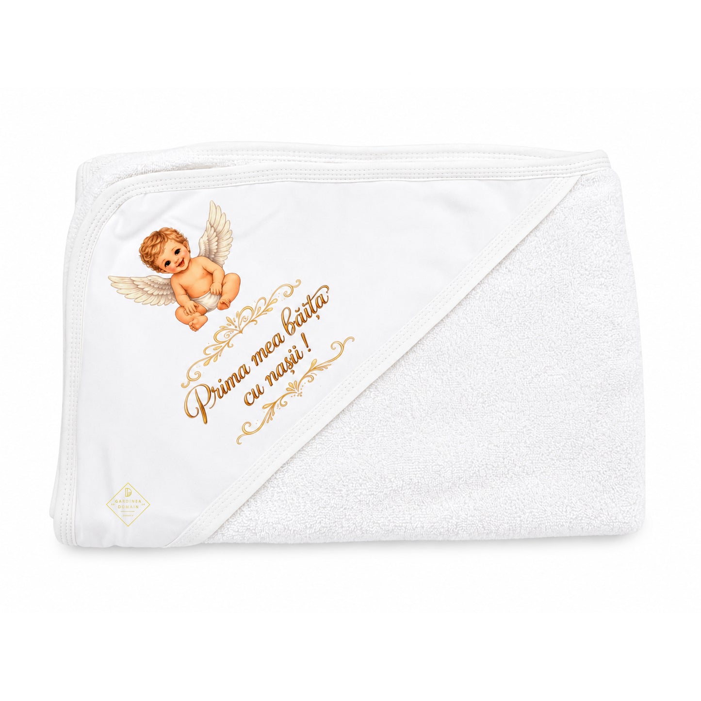 Set prima baita dupa botez pentru baiat, cu ingeras Gardinea Domain®, 2 piese, in cutie cadou, bumbac gros 100% moale, "Prima mea baita cu nasii", Alb