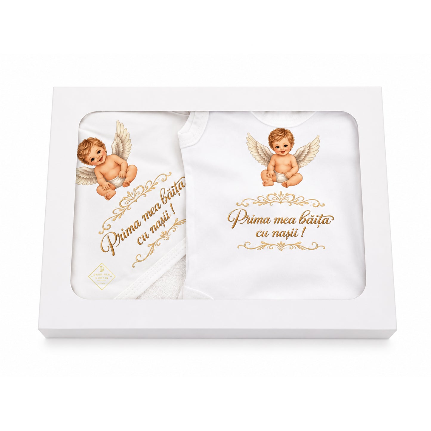 Set prima baita dupa botez pentru baiat, cu ingeras Gardinea Domain®, 2 piese, in cutie cadou, bumbac gros 100% moale, "Prima mea baita cu nasii", Alb