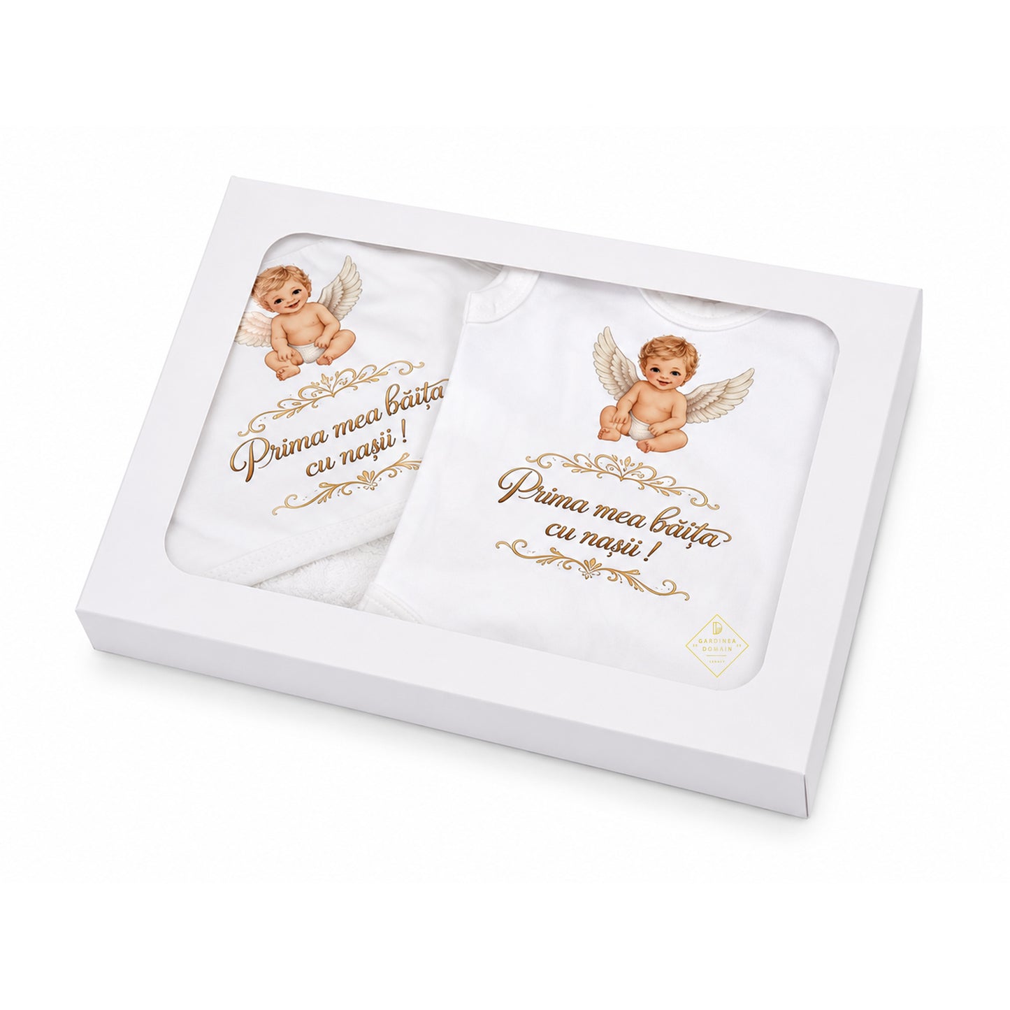 Set prima baita dupa botez pentru baiat, cu ingeras Gardinea Domain®, 2 piese, in cutie cadou, bumbac gros 100% moale, "Prima mea baita cu nasii", Alb