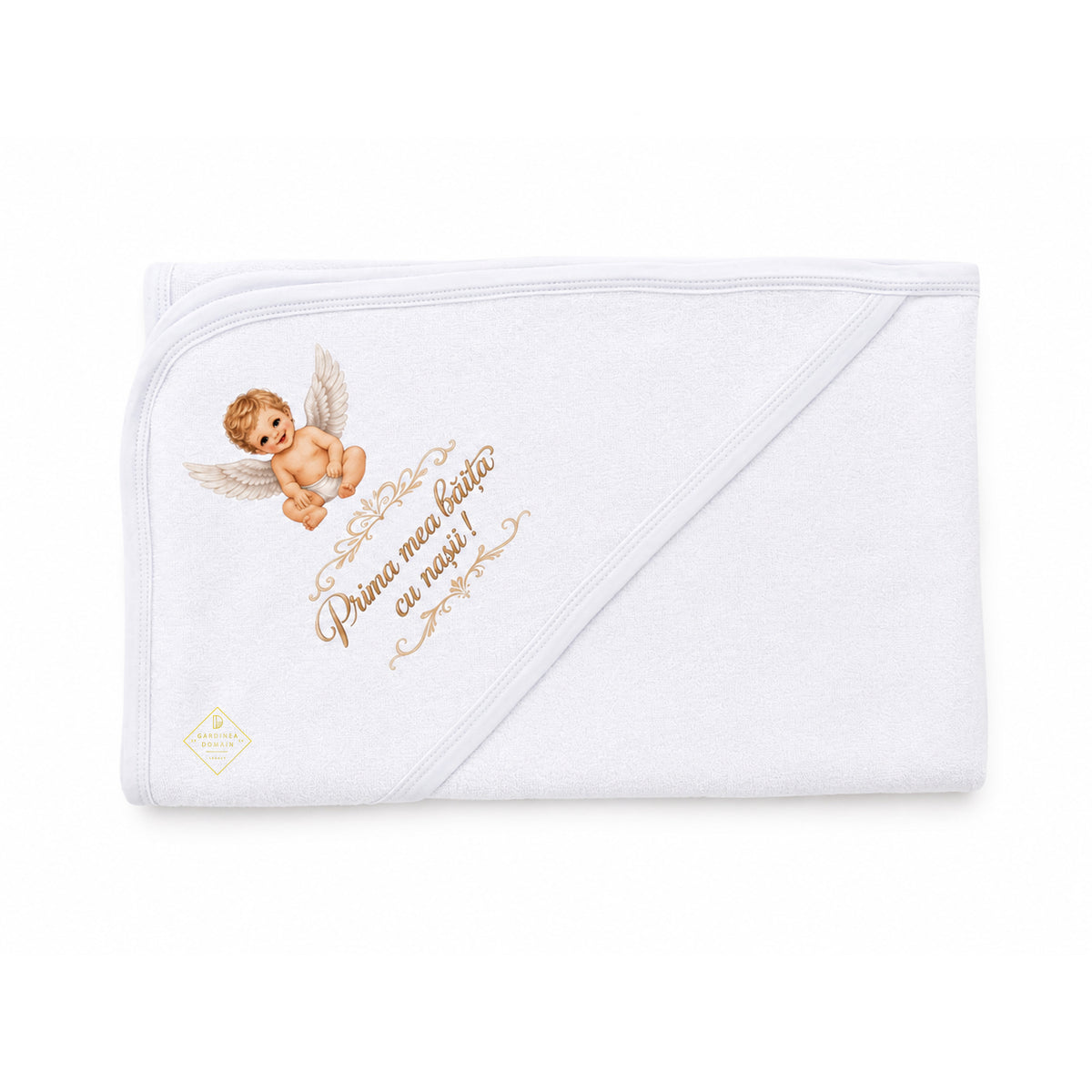 Set complet mirodenii si haine pentru prima baita dupa botez, baietel ingeras Gardinea Domain®, 19 piese, in cutie cadou, bumbac 100% moale, "Prima mea baita cu nasii", Alb