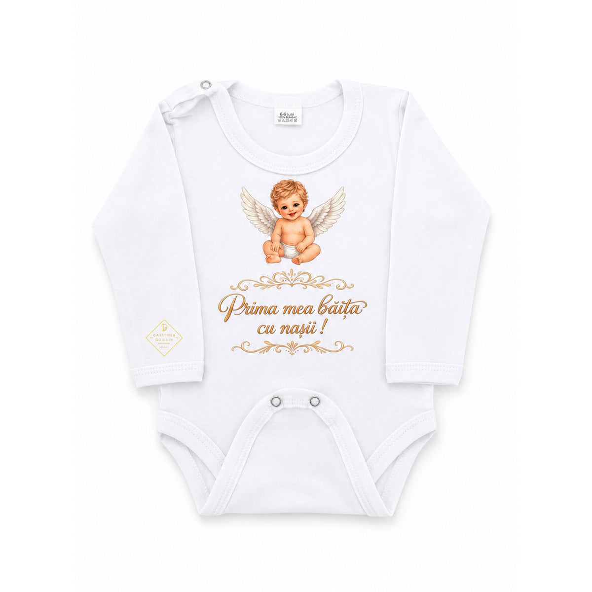 Set complet mirodenii si haine pentru prima baita dupa botez, baietel ingeras Gardinea Domain®, 19 piese, in cutie cadou, bumbac 100% moale, "Prima mea baita cu nasii", Alb