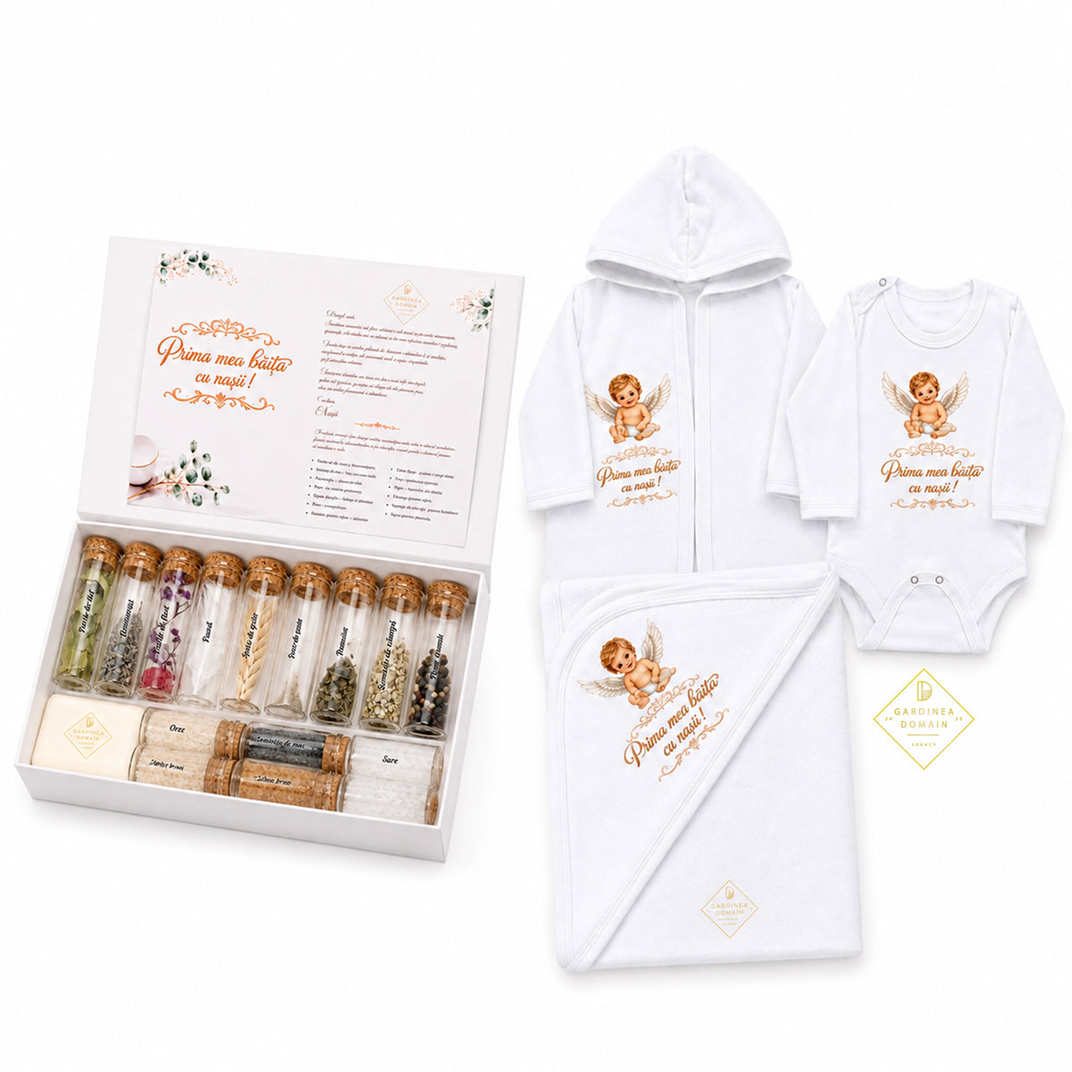 Set complet mirodenii si haine pentru prima baita dupa botez, baietel ingeras Gardinea Domain®, 19 piese, in cutie cadou, bumbac 100% moale, "Prima mea baita cu nasii", Alb