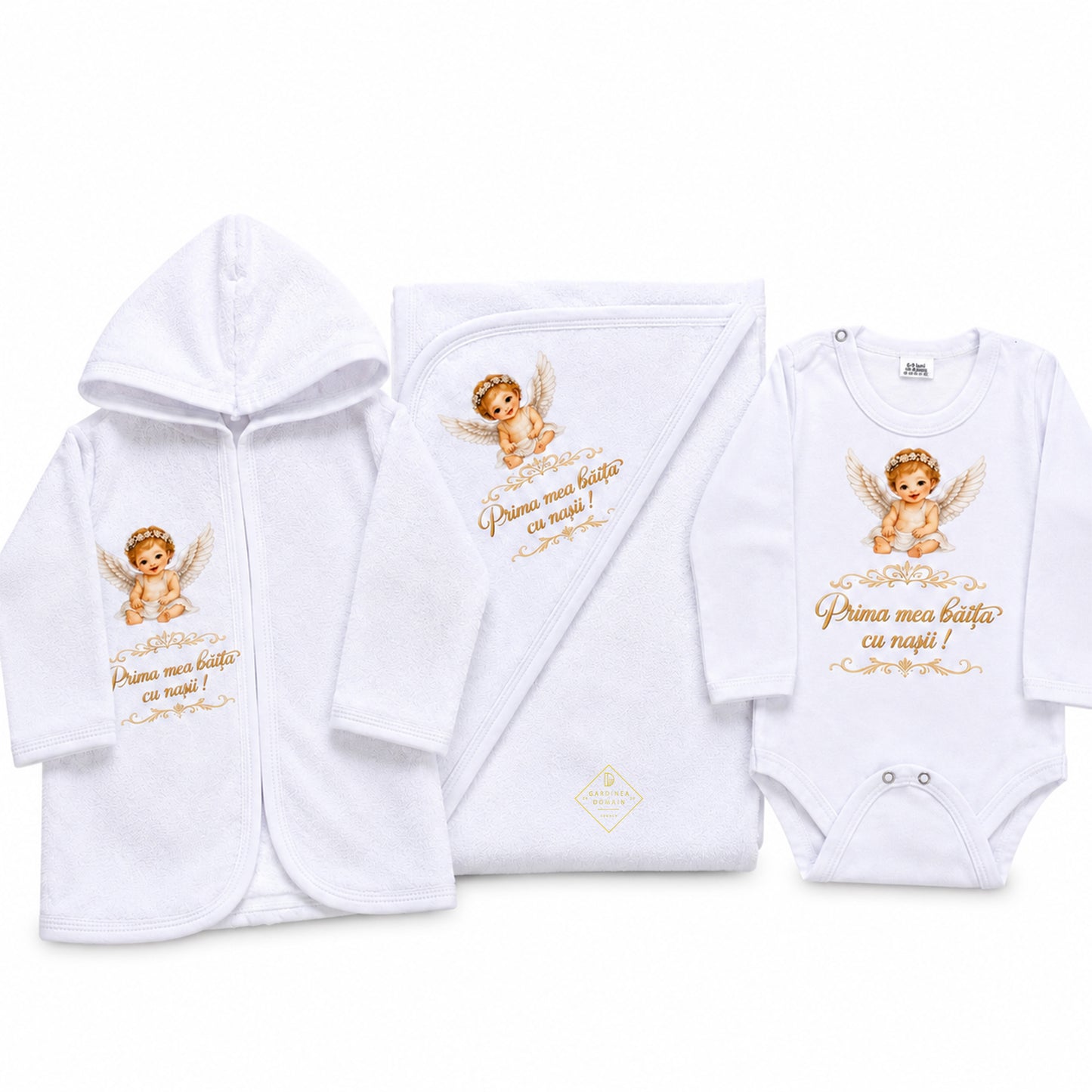 Set complet prima fetita dupa botez, baietel ingeras Gardinea Domain®, 3 piese, in cutie cadou, bumbac 100% moale, "Prima mea baita cu nasii", Alb
