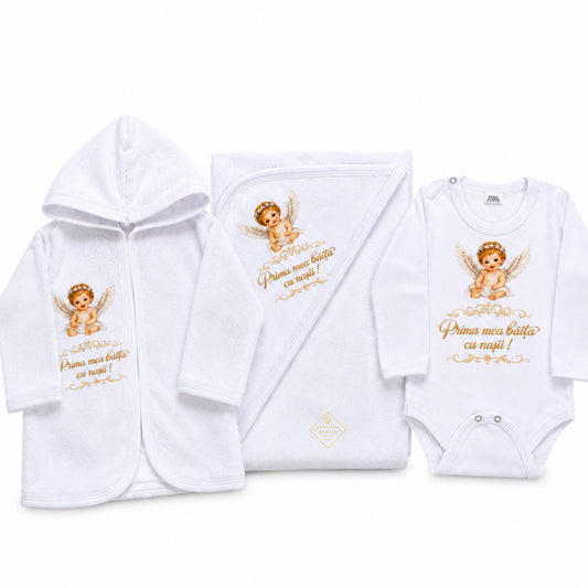 Set complet prima fetita dupa botez, baietel ingeras Gardinea Domain®, 3 piese, in cutie cadou, bumbac 100% moale, "Prima mea baita cu nasii", Alb