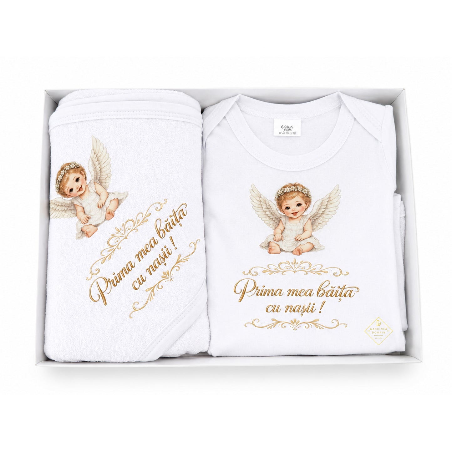 Set complet prima fetita dupa botez, baietel ingeras Gardinea Domain®, 3 piese, in cutie cadou, bumbac 100% moale, "Prima mea baita cu nasii", Alb