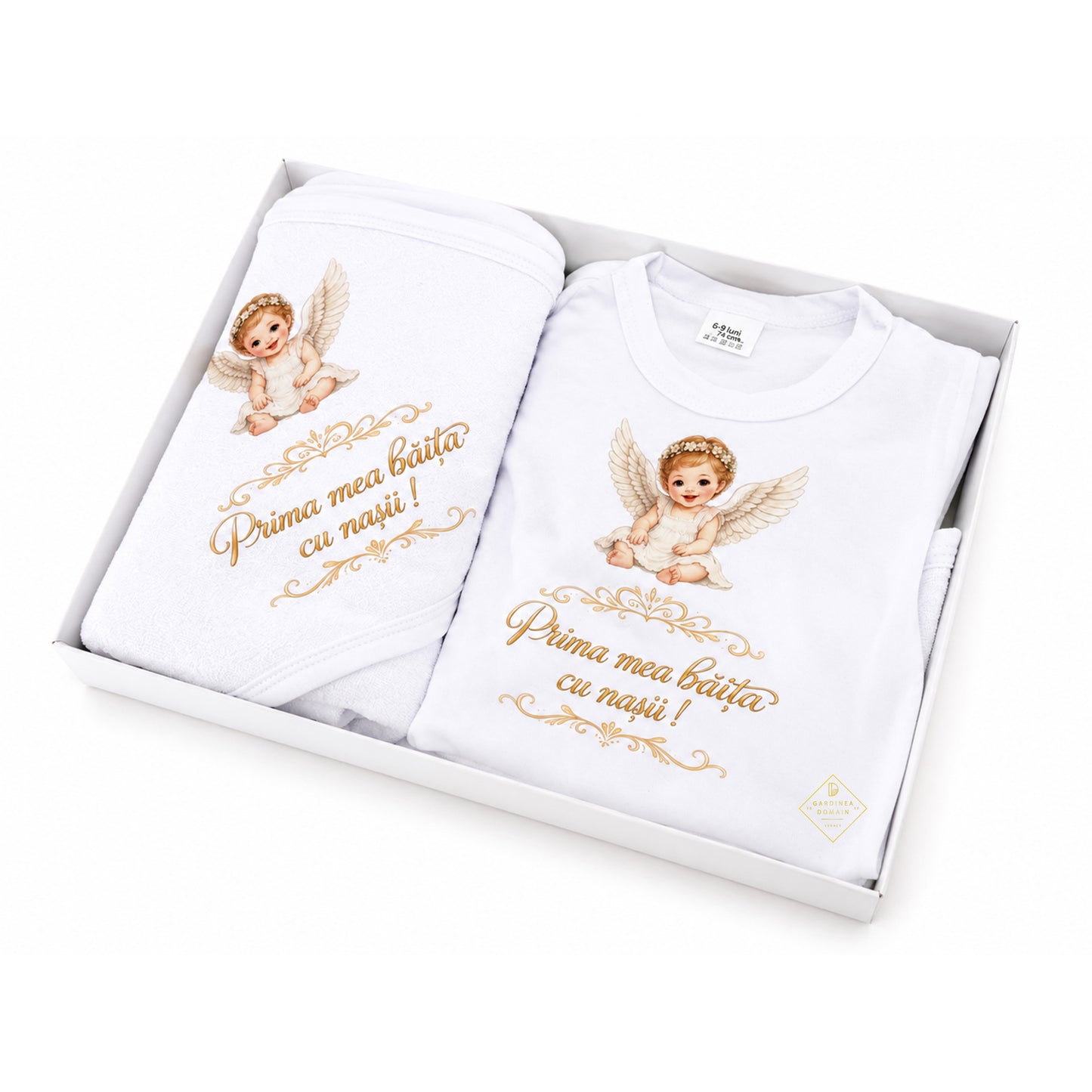 Set complet prima fetita dupa botez, baietel ingeras Gardinea Domain®, 3 piese, in cutie cadou, bumbac 100% moale, "Prima mea baita cu nasii", Alb