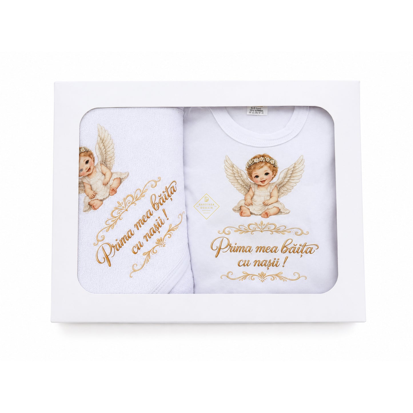 Set complet prima fetita dupa botez, baietel ingeras Gardinea Domain®, 3 piese, in cutie cadou, bumbac 100% moale, "Prima mea baita cu nasii", Alb