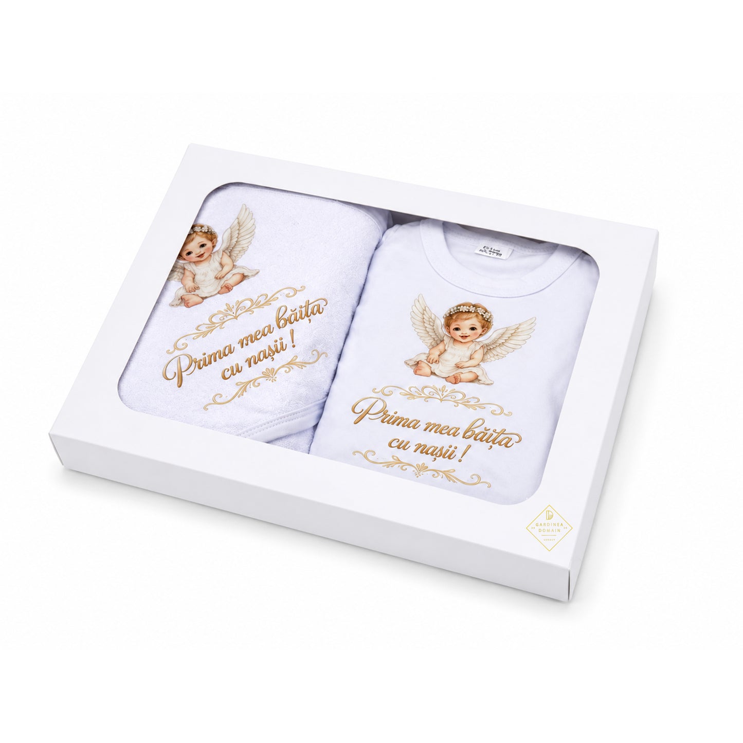 Set complet prima fetita dupa botez, baietel ingeras Gardinea Domain®, 3 piese, in cutie cadou, bumbac 100% moale, "Prima mea baita cu nasii", Alb