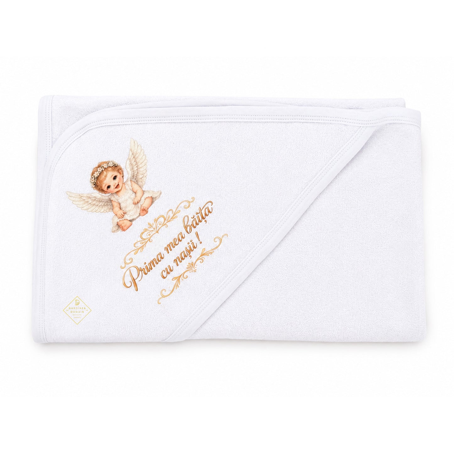Set complet prima fetita dupa botez, baietel ingeras Gardinea Domain®, 3 piese, in cutie cadou, bumbac 100% moale, "Prima mea baita cu nasii", Alb