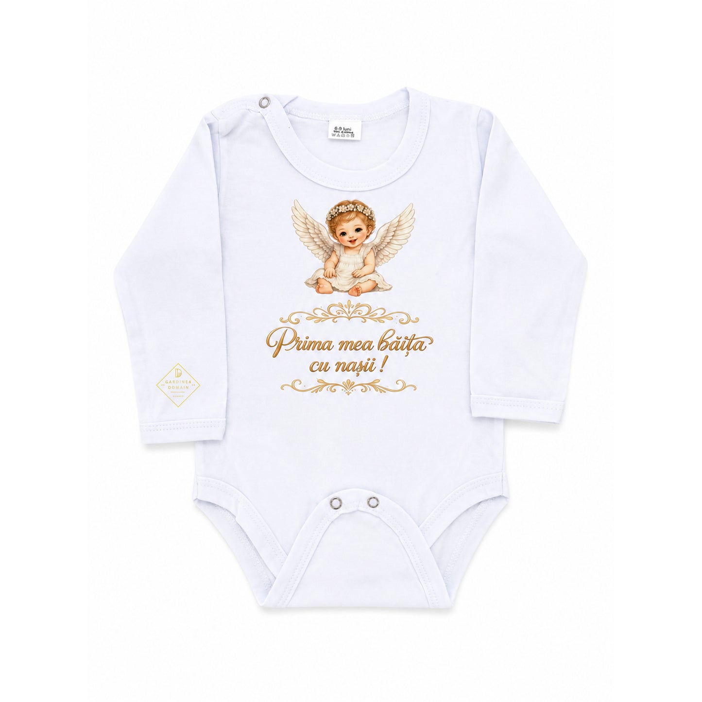 Set complet prima fetita dupa botez, baietel ingeras Gardinea Domain®, 3 piese, in cutie cadou, bumbac 100% moale, "Prima mea baita cu nasii", Alb