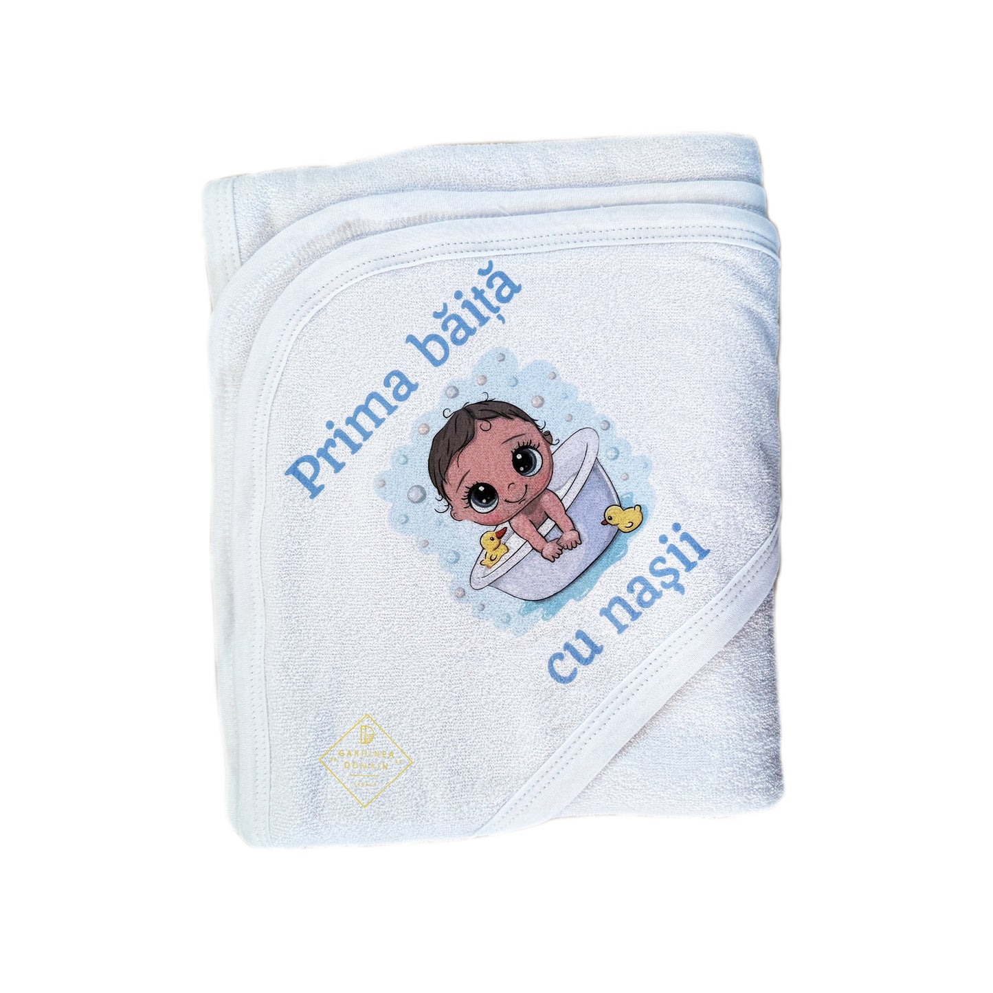 Set prima baita dupa botez baietel bebelus Gardinea Domain® 3 piese, in cutie cadou, bumbac 100% personalizat cu mesajul "Prima baita cu nasii", albastru