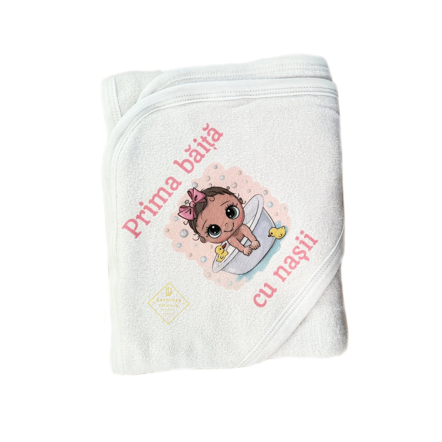 Set prima baita dupa botez fetita bebelus Gardinea Domain® 3 piese, in cutie cadou, bumbac 100% personalizat cu mesajul "Prima baita cu nasii", roz