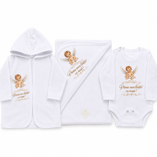 Set complet prima baita dupa botez, baietel ingeras Gardinea Domain®, 3 piese, in cutie cadou, bumbac 100% moale, "Prima mea baita cu nasii", Alb