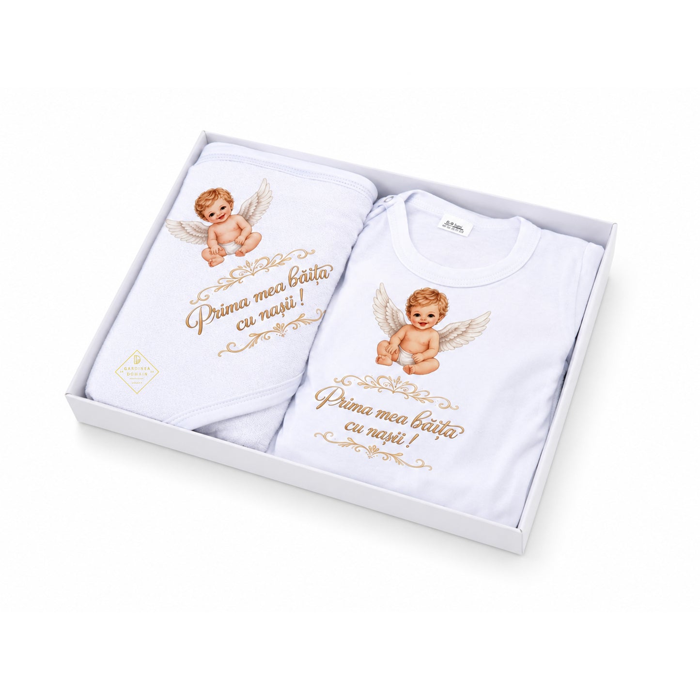 Set complet prima baita dupa botez, baietel ingeras Gardinea Domain®, 3 piese, in cutie cadou, bumbac 100% moale, "Prima mea baita cu nasii", Alb
