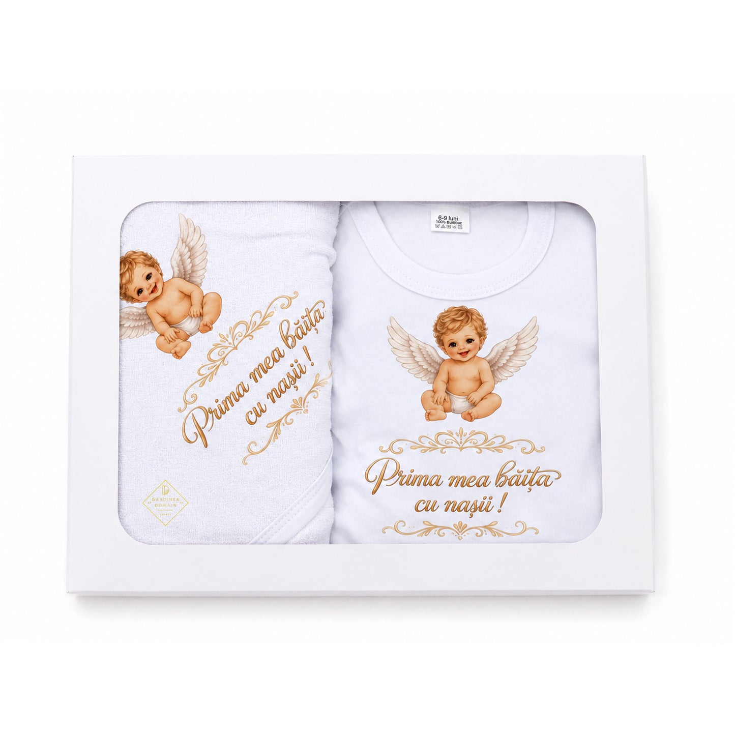 Set complet prima baita dupa botez, baietel ingeras Gardinea Domain®, 3 piese, in cutie cadou, bumbac 100% moale, "Prima mea baita cu nasii", Alb