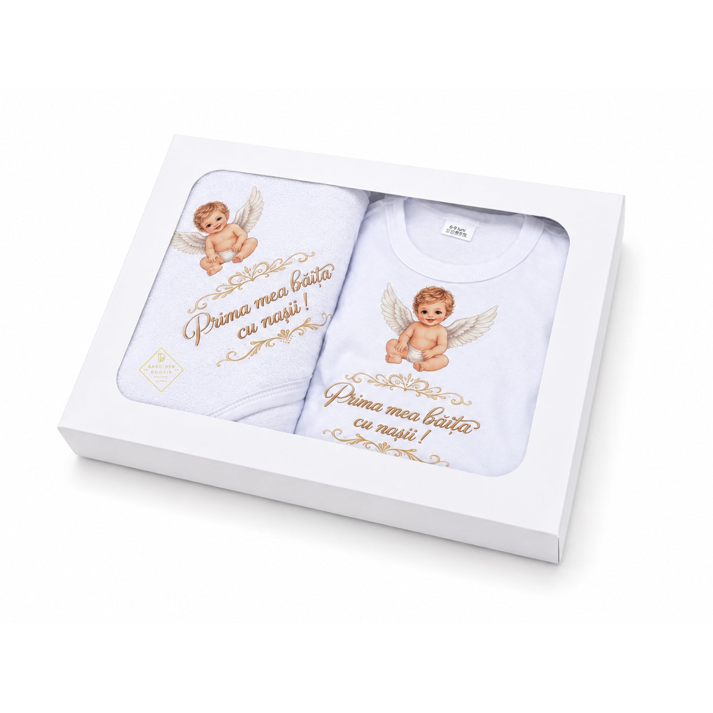 Set complet prima baita dupa botez, baietel ingeras Gardinea Domain®, 3 piese, in cutie cadou, bumbac 100% moale, "Prima mea baita cu nasii", Alb