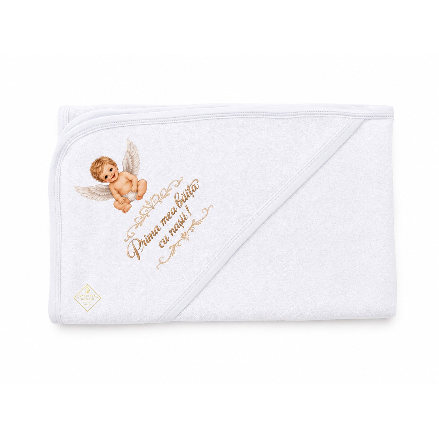 Set complet prima baita dupa botez, baietel ingeras Gardinea Domain®, 3 piese, in cutie cadou, bumbac 100% moale, "Prima mea baita cu nasii", Alb