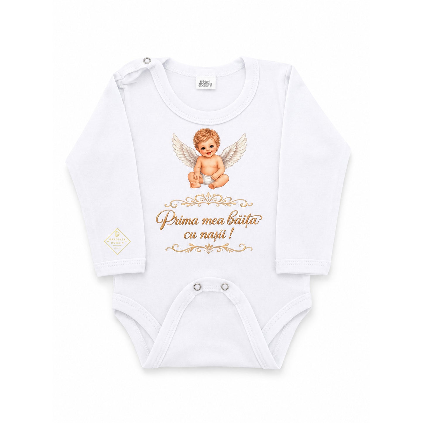 Set complet prima baita dupa botez, baietel ingeras Gardinea Domain®, 3 piese, in cutie cadou, bumbac 100% moale, "Prima mea baita cu nasii", Alb