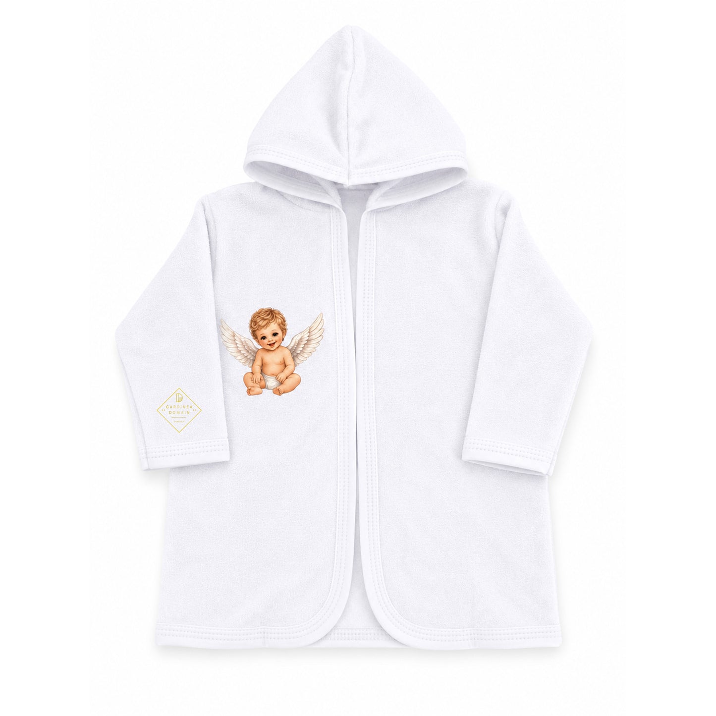 Set complet prima baita dupa botez, baietel ingeras Gardinea Domain®, 3 piese, in cutie cadou, bumbac 100% moale, "Prima mea baita cu nasii", Alb
