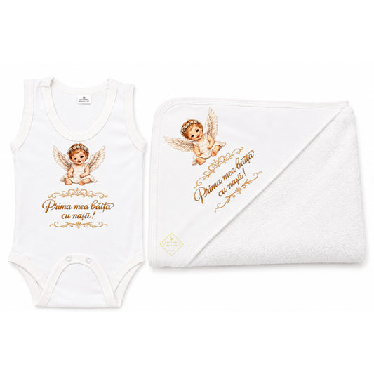 Set prima baita dupa botez pentru fata, cu ingeras Gardinea Domain®, 2 piese, in cutie cadou, bumbac gros 100% moale, "Prima mea baita cu nasii", Alb