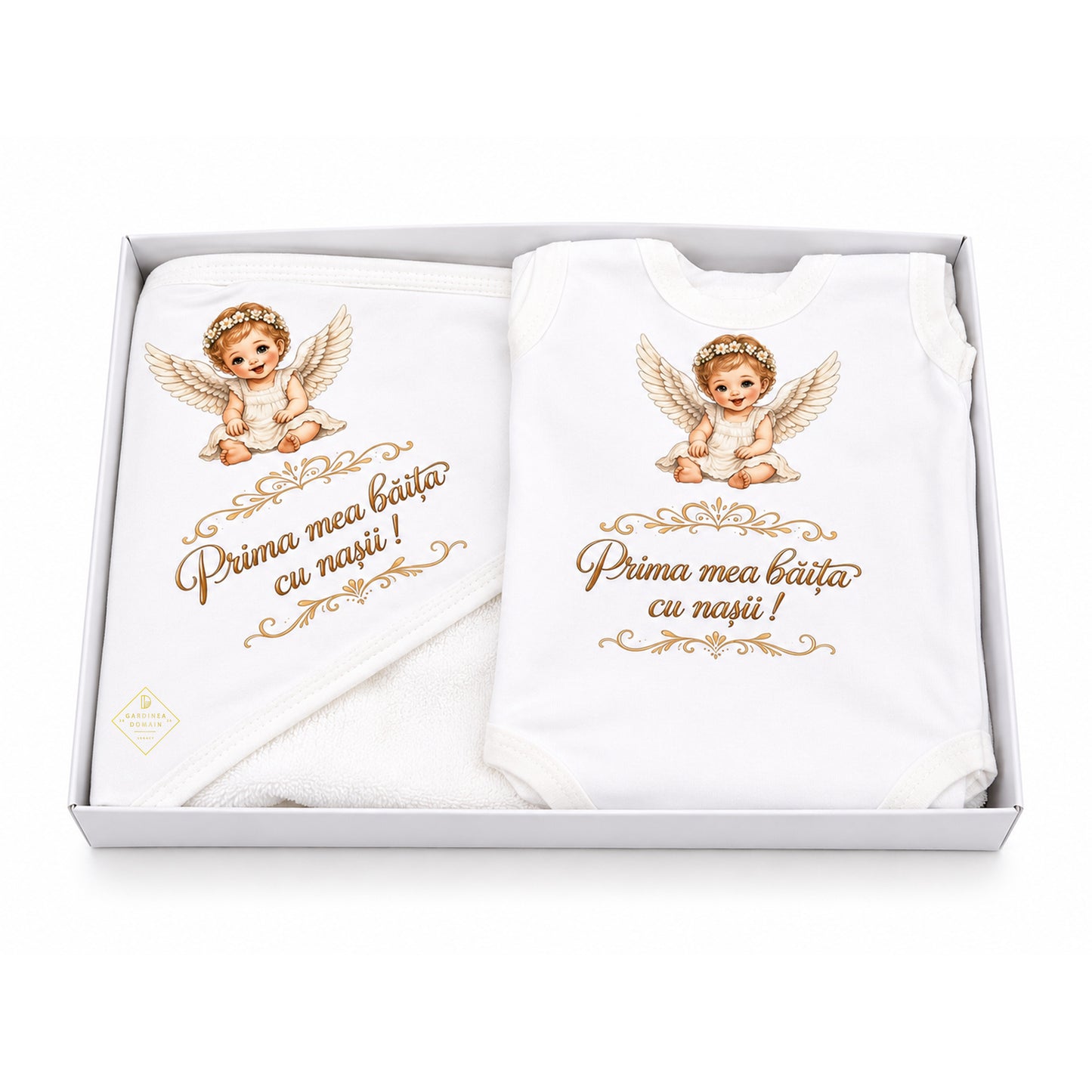 Set prima baita dupa botez pentru fata, cu ingeras Gardinea Domain®, 2 piese, in cutie cadou, bumbac gros 100% moale, "Prima mea baita cu nasii", Alb