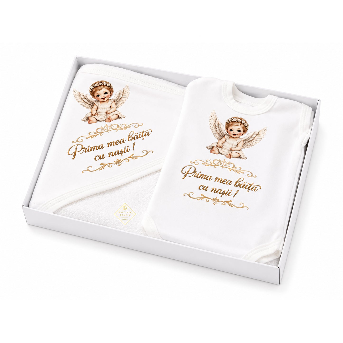 Set prima baita dupa botez pentru fata, cu ingeras Gardinea Domain®, 2 piese, in cutie cadou, bumbac gros 100% moale, "Prima mea baita cu nasii", Alb