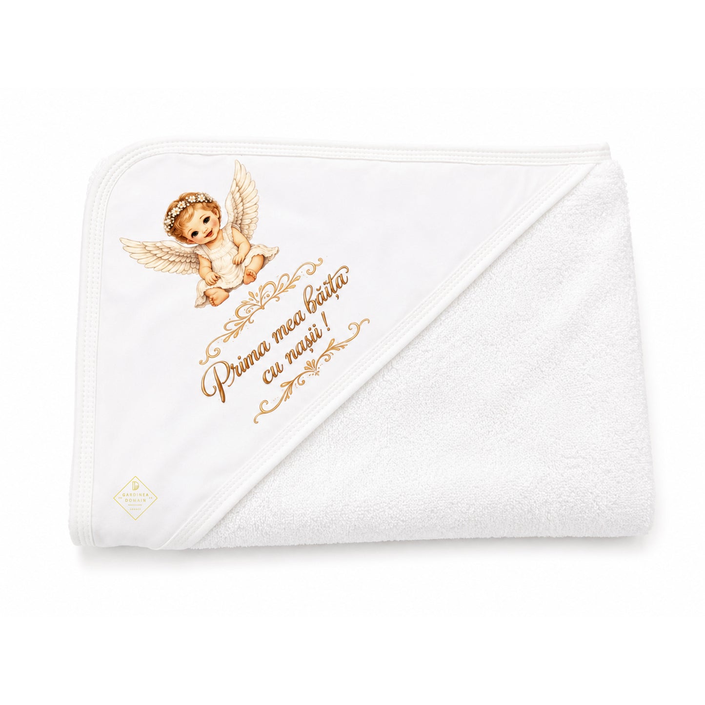 Set prima baita dupa botez pentru fata, cu ingeras Gardinea Domain®, 2 piese, in cutie cadou, bumbac gros 100% moale, "Prima mea baita cu nasii", Alb