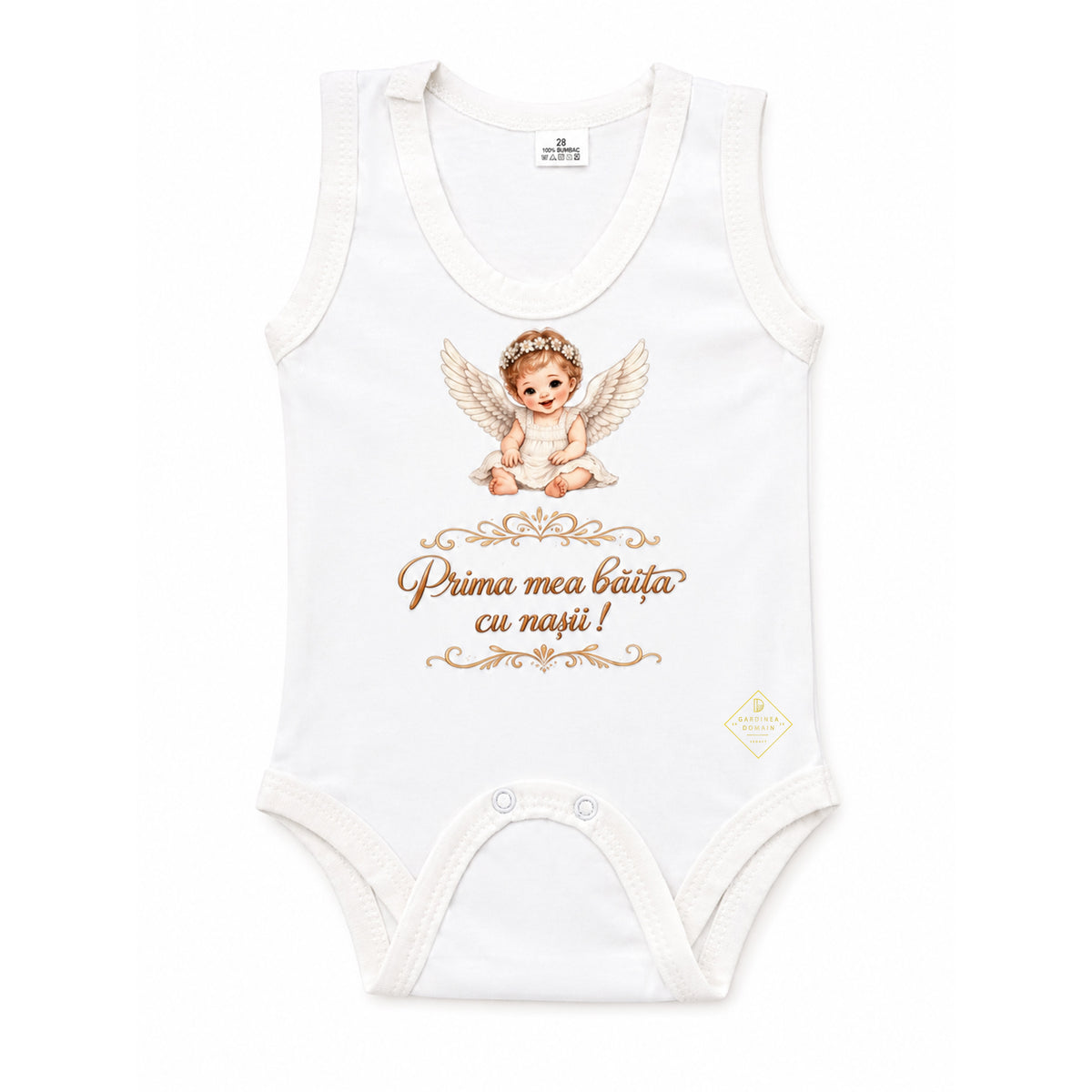 Set mirodenii prima baita dupa botez pentru fata, cu ingeras Gardinea Domain®, 18 piese, in cutie cadou, bumbac gros 100% moale, "Prima mea baita cu nasii", Alb
