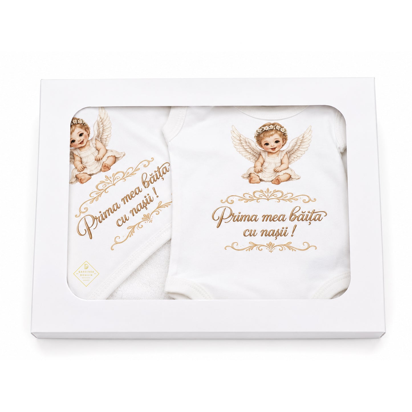 Set prima baita dupa botez pentru fata, cu ingeras Gardinea Domain®, 2 piese, in cutie cadou, bumbac gros 100% moale, "Prima mea baita cu nasii", Alb