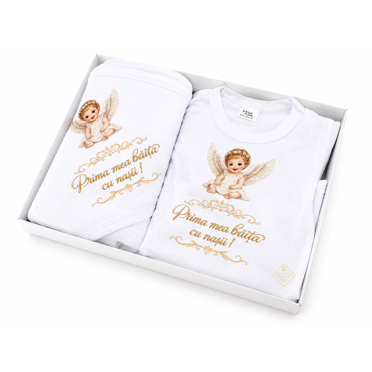 Set complet mirodenii si haine pentru prima baita dupa botez, fetita ingeras Gardinea Domain®, 19 piese, in cutie cadou, bumbac 100% moale, "Prima mea baita cu nasii", Alb