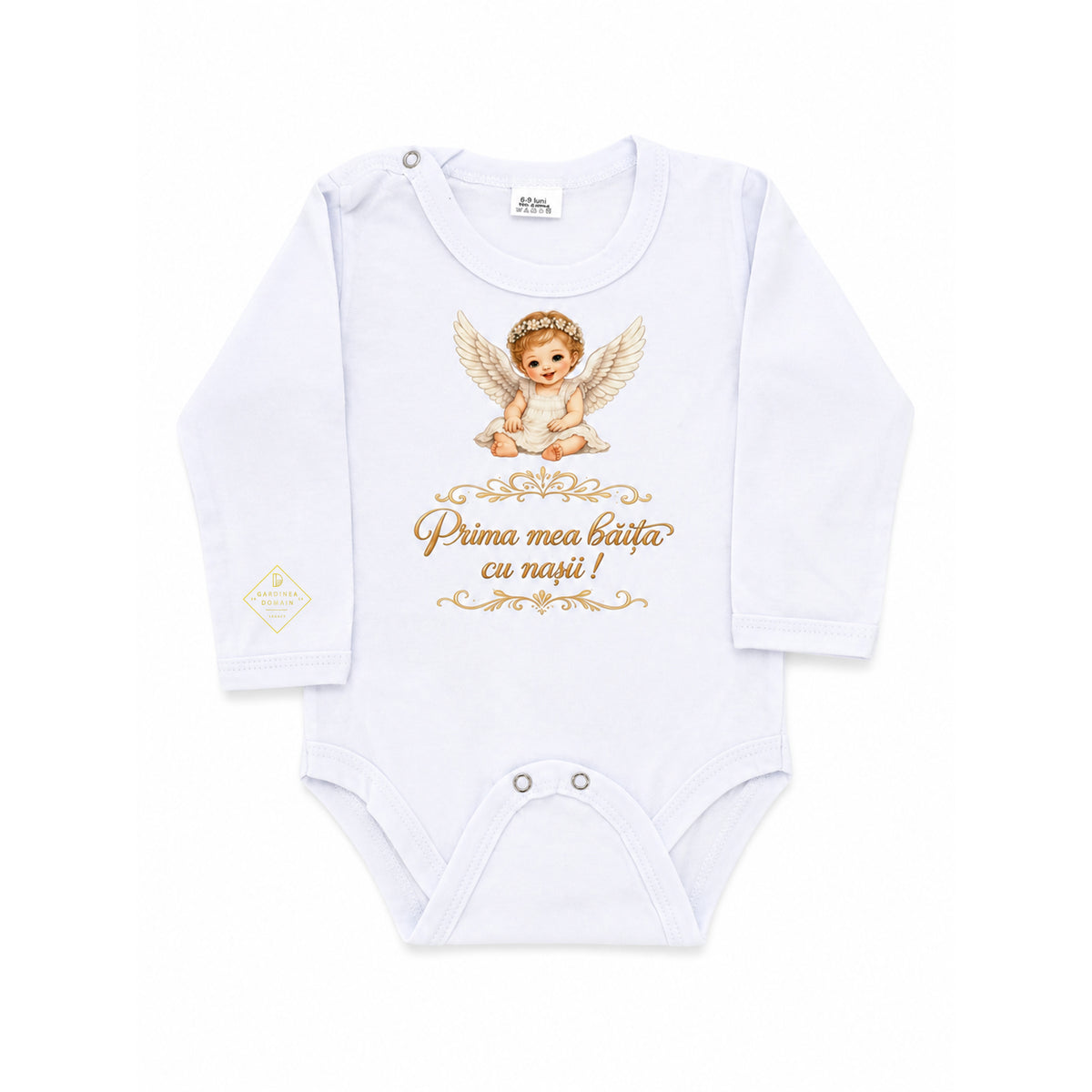 Set complet mirodenii si haine pentru prima baita dupa botez, fetita ingeras Gardinea Domain®, 19 piese, in cutie cadou, bumbac 100% moale, "Prima mea baita cu nasii", Alb