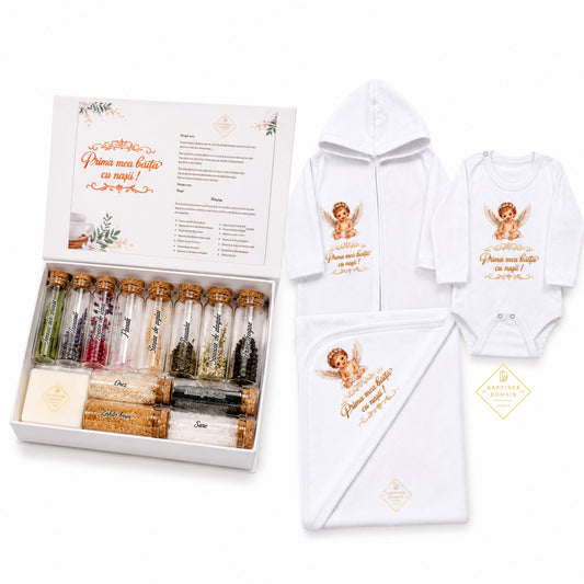 Set complet mirodenii si haine pentru prima baita dupa botez, fetita ingeras Gardinea Domain®, 19 piese, in cutie cadou, bumbac 100% moale, "Prima mea baita cu nasii", Alb