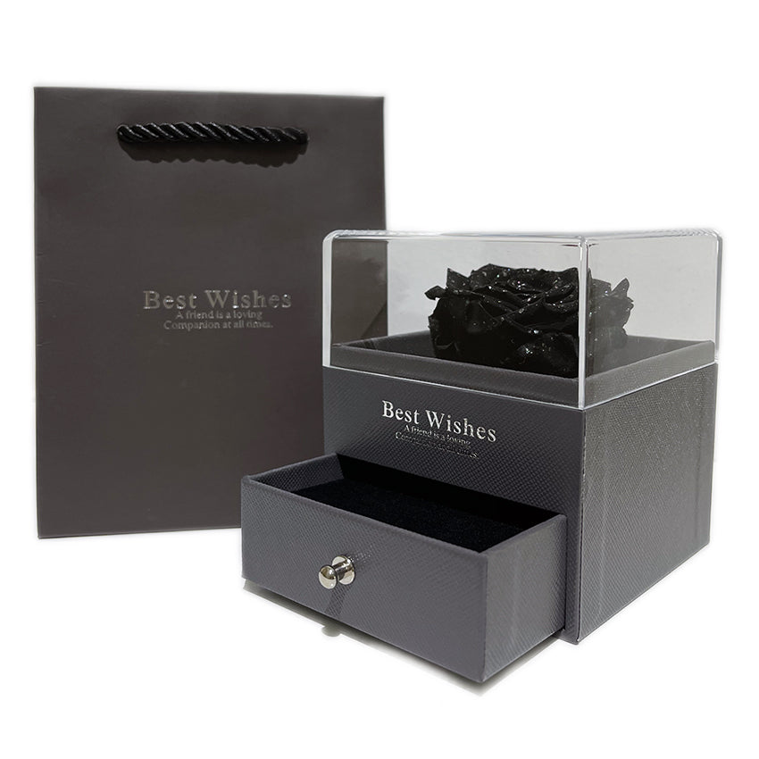 Trandafir criogenat negru cu sclipici XL Gardinea Domain® in cutie tip sertar 9x9x10.5 cm, punga cadou