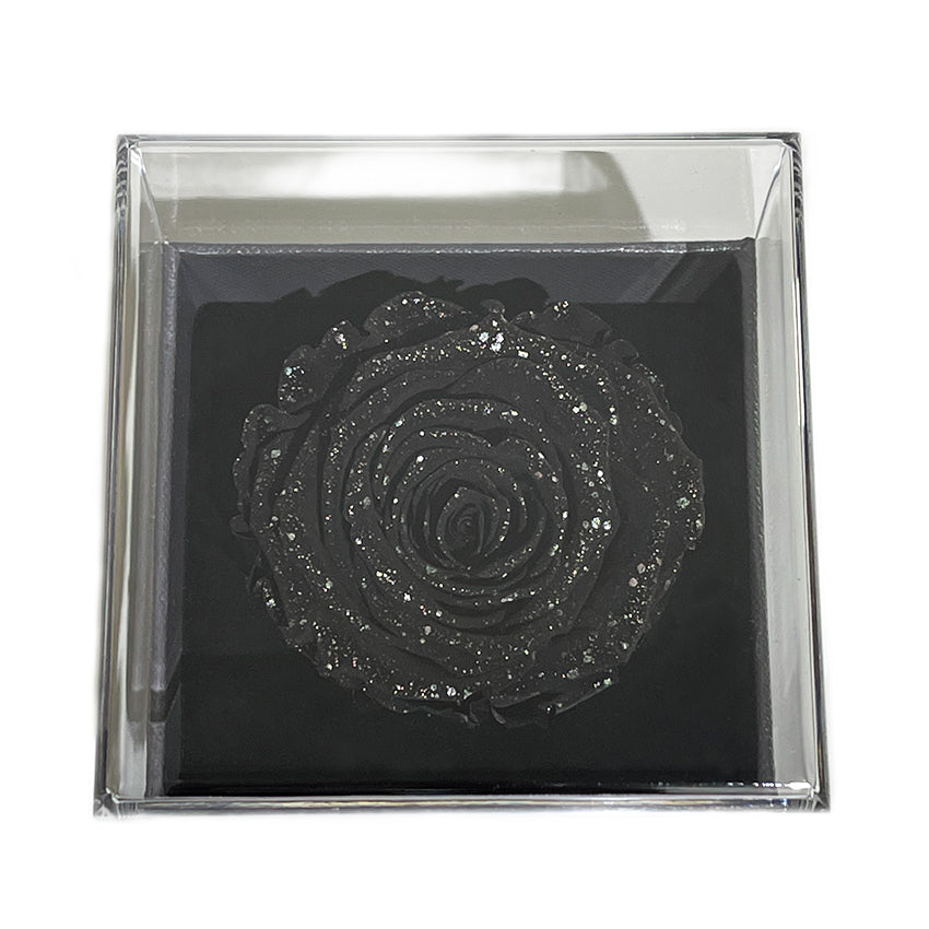 Trandafir criogenat negru cu sclipici XL Gardinea Domain® in cutie tip sertar 9x9x10.5 cm, punga cadou