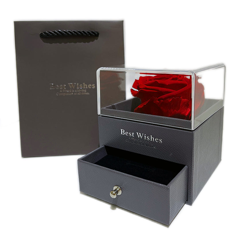 Trandafir criogenat rosu XL Gardinea Domain® in cutie tip sertar 9x9x10.5 cm, punga cadou