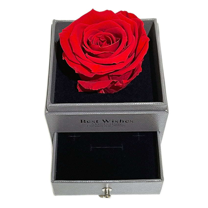 Trandafir criogenat rosu XL Gardinea Domain® in cutie tip sertar 9x9x10.5 cm, punga cadou