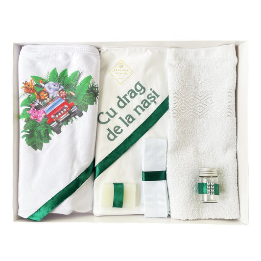 Trusou Animalutele vesele botez Gardinea Domain® 6 piese, in cutie cadou, bumbac 100%, personalizat cu mesajul "Cu drag de la nasi!" verde