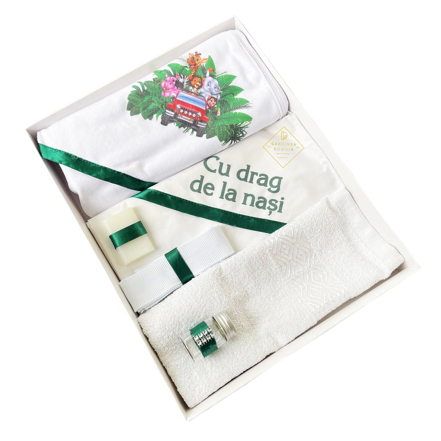 Trusou Animalutele vesele botez Gardinea Domain® 6 piese, in cutie cadou, bumbac 100%, personalizat cu mesajul "Cu drag de la nasi!" verde