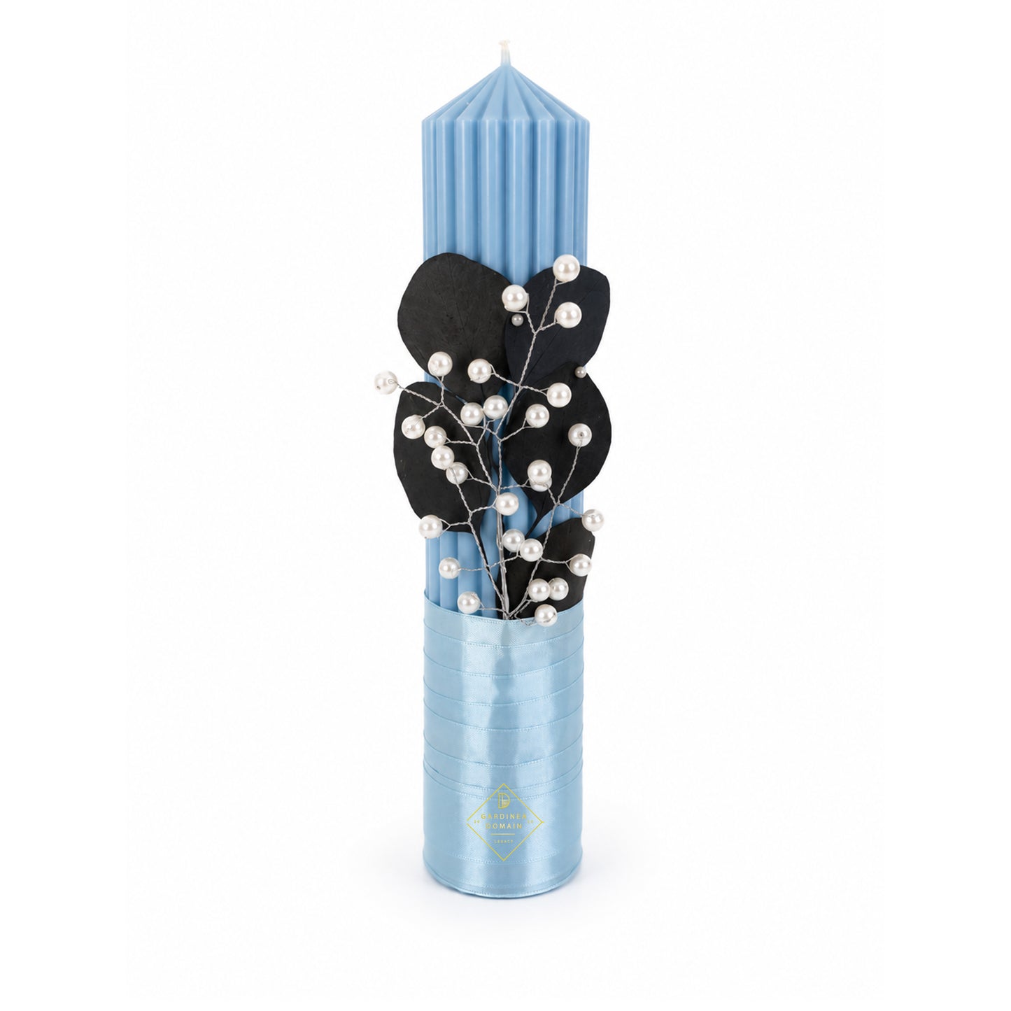 Set trusou botez din bumbac 100% Gardinea Domain® 9 piese, baietel cu lumina in cutie cadou cu lumanare, decor dantela Albastru deschis