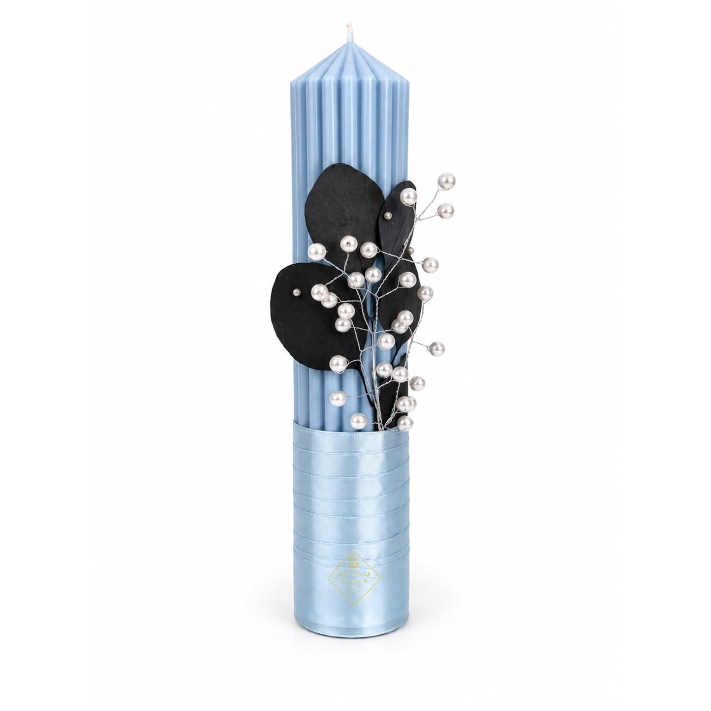 Set trusou botez din bumbac 100% Gardinea Domain® 9 piese, baietel cu lumina in cutie cadou cu lumanare, decor dantela Albastru deschis