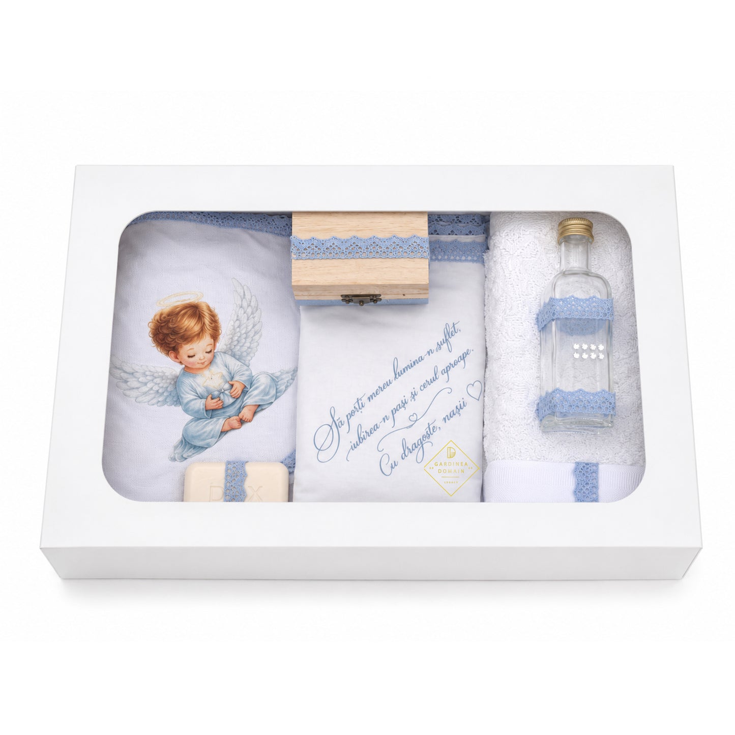Set trusou botez din bumbac 100% Gardinea Domain® 9 piese, baietel cu lumina in cutie cadou cu lumanare, decor dantela Albastru deschis