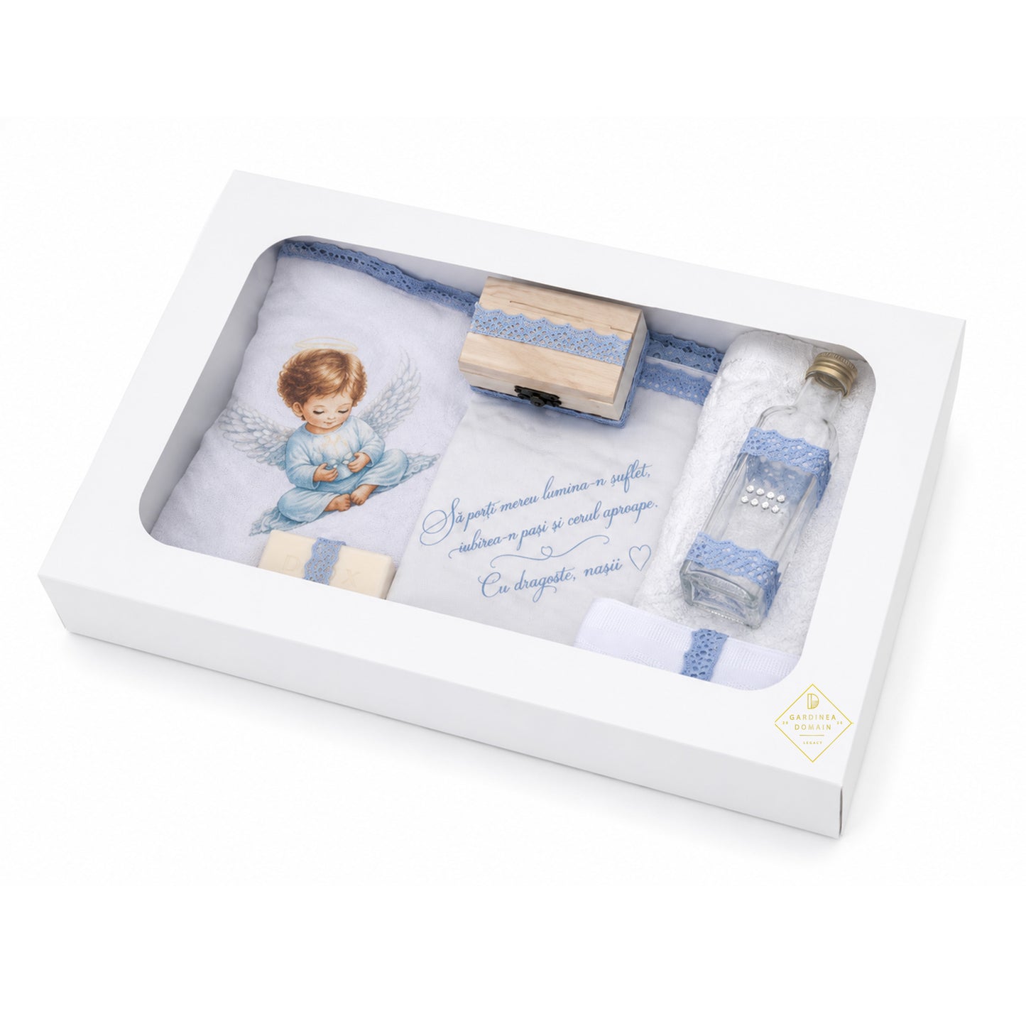 Set trusou botez din bumbac 100% Gardinea Domain® 9 piese, baietel cu lumina in cutie cadou cu lumanare, decor dantela Albastru deschis