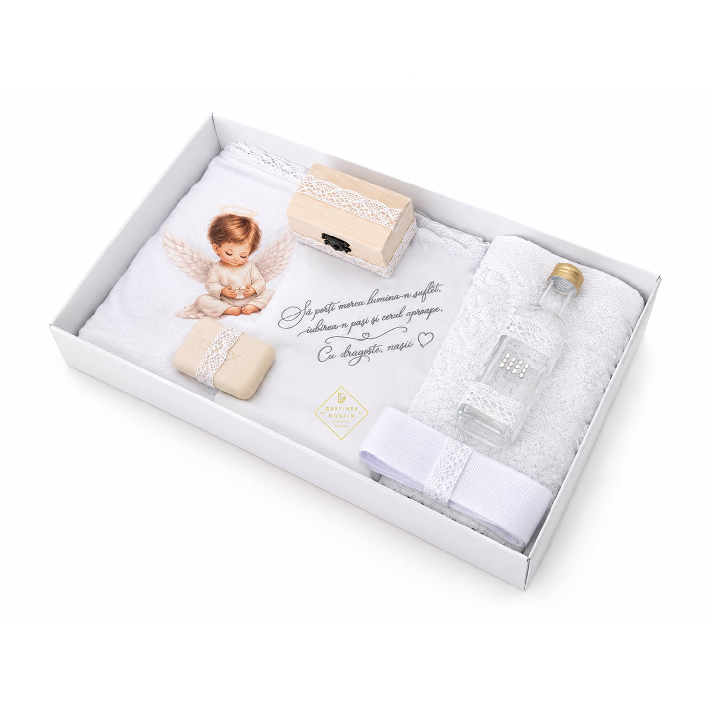 Set trusou botez din bumbac 100% Gardinea Domain® 9 piese, baietel cu lumina in cutie cadou cu lumanare, decor dantela Alb
