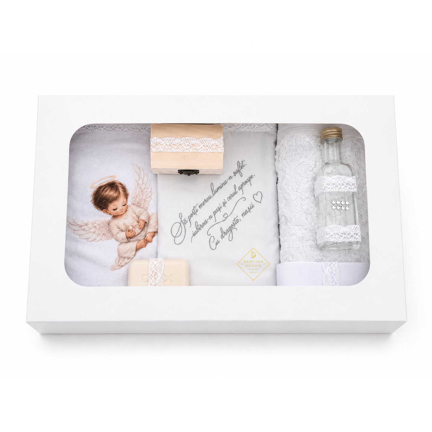 Set trusou botez din bumbac 100% Gardinea Domain® 9 piese, baietel cu lumina in cutie cadou cu lumanare, decor dantela Alb