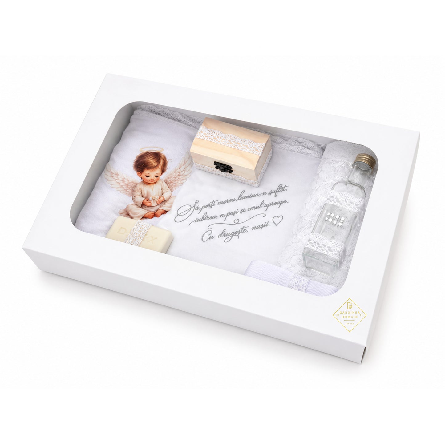 Set trusou botez din bumbac 100% Gardinea Domain® 9 piese, baietel cu lumina in cutie cadou cu lumanare, decor dantela Alb