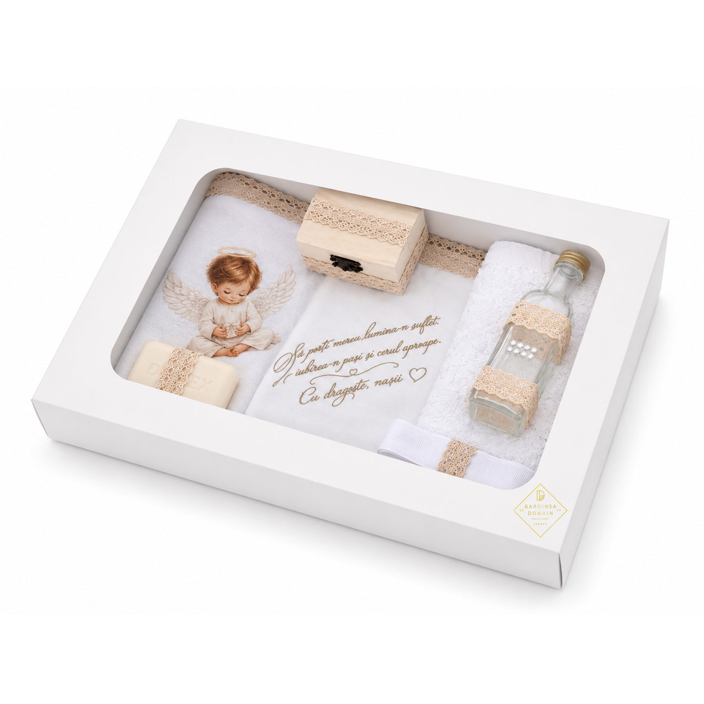 Set trusou botez din bumbac 100% Gardinea Domain® 9 piese, baietel cu lumina in cutie cadou cu lumanare, decor dantela Crem