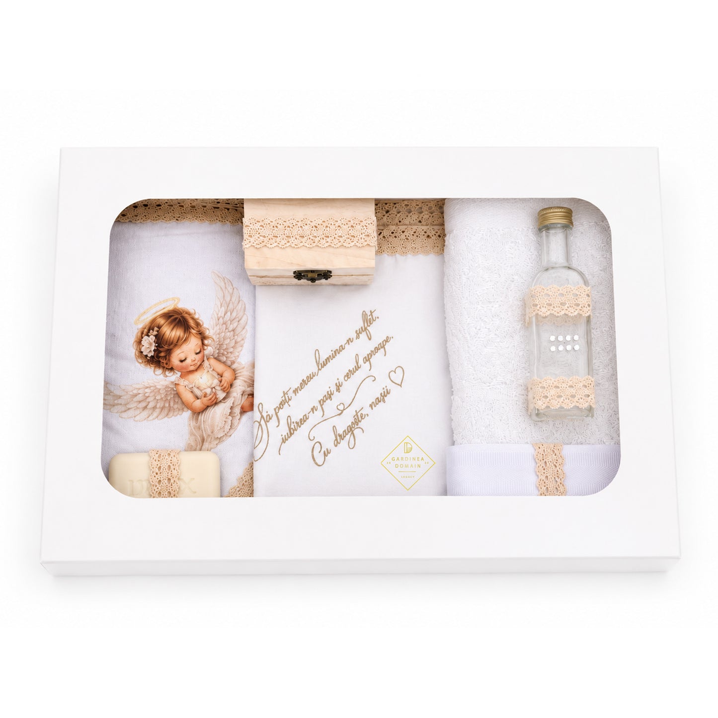 Set trusou botez din bumbac 100% Gardinea Domain® 9 piese, fetita cu lumina in cutie cadou cu lumanare, decor dantela Crem