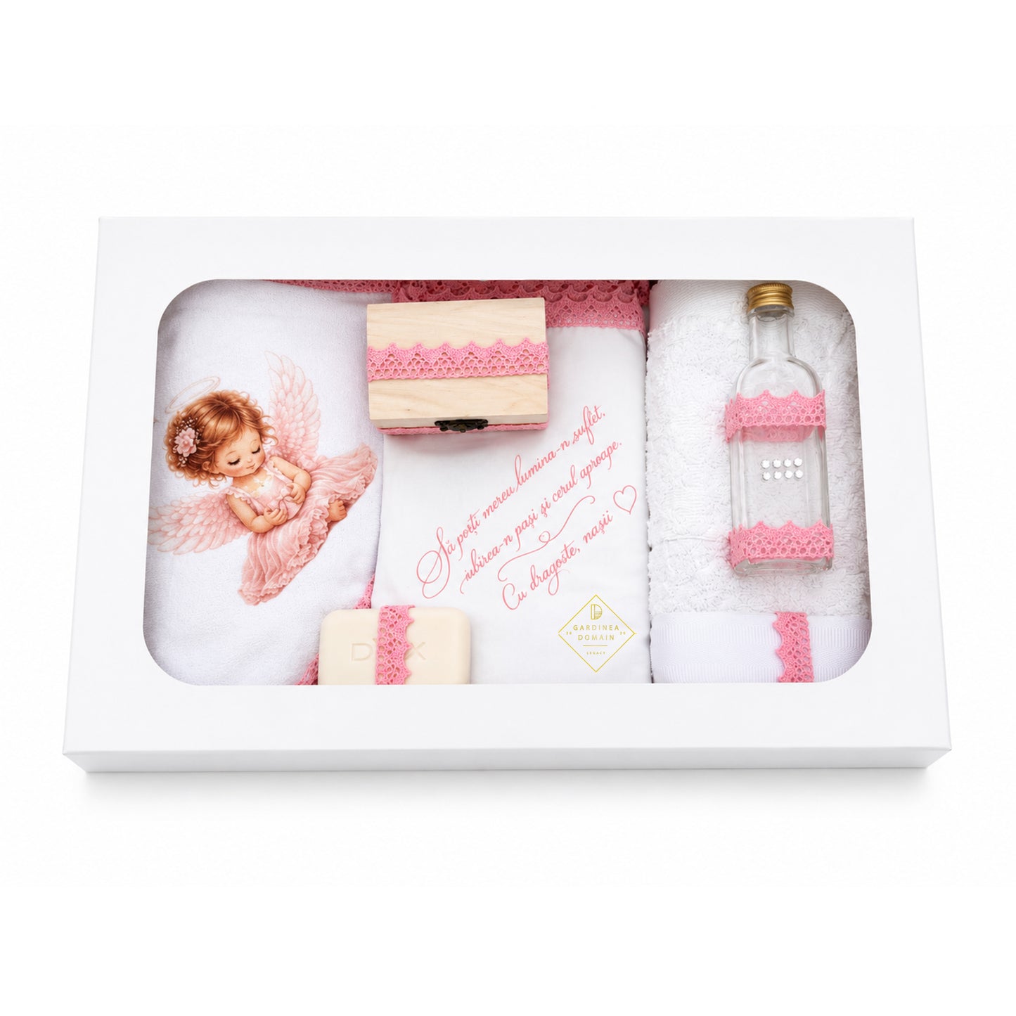 Set trusou botez din bumbac 100% Gardinea Domain® 9 piese, fetita cu lumina in cutie cadou cu lumanare, decor dantela Roz